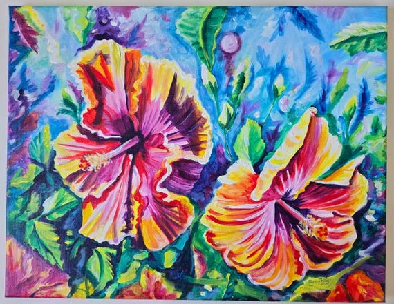 Colorful Hawaiian Hibiscus Original Acrylic Painting From Kauai Hawaii Impressionist Modern Decor