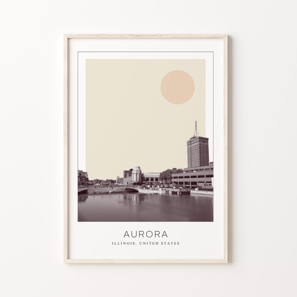 Aurora Illinois Riverfront Downtown Skyline Minimalist Travel Poster