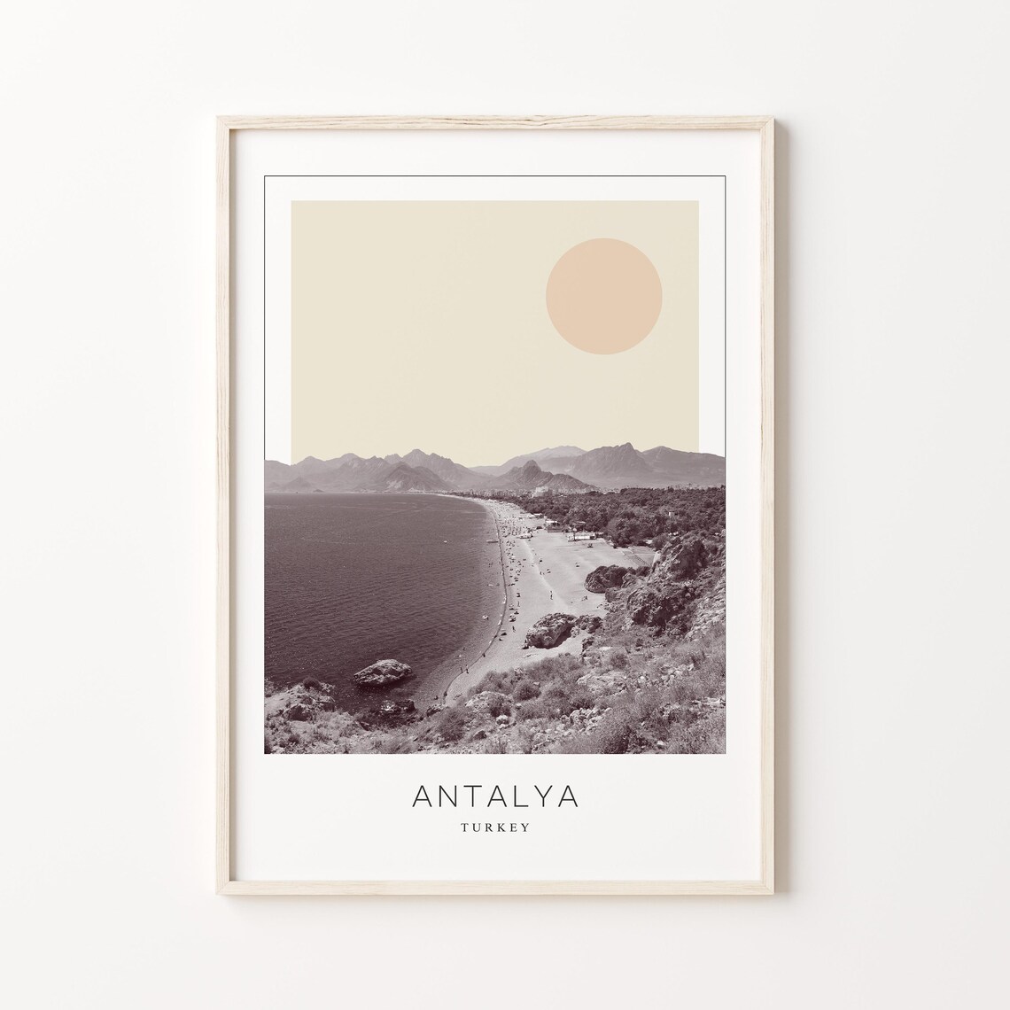 Antalya Turkey Beach Coastline Mountains Minimalist Travel Poster