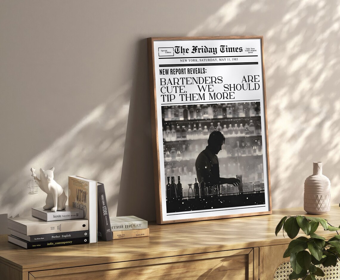 Funny Bartenders Are Cute Newspaper Bar Staff Humor Wall Art