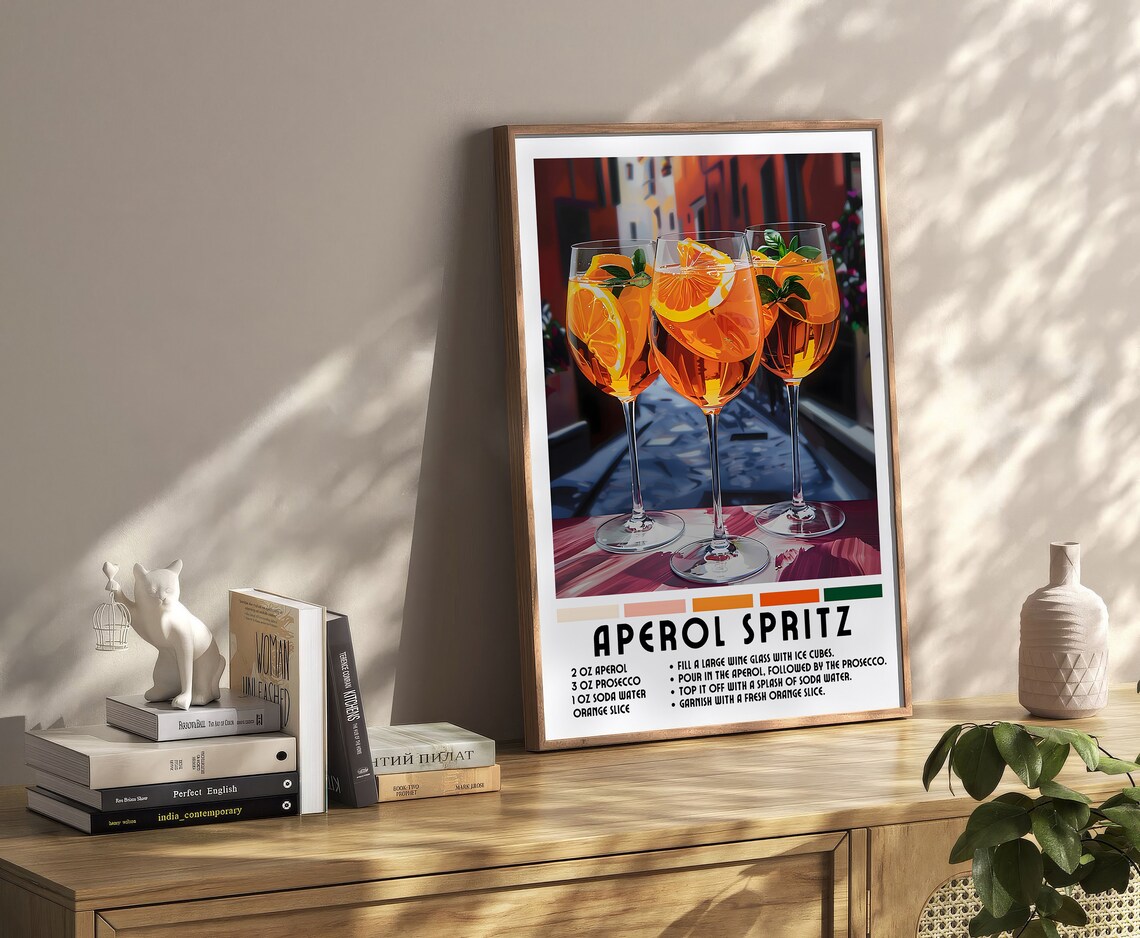 Aperol Spritz Cocktail Recipe Poster Three Orange Glasses Italian Wall Decor - Image 2