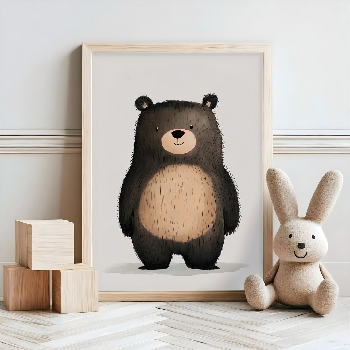 Cute Fluffy Black Bear Cartoon Watercolor Nursery Kids Room Poster - Image 2