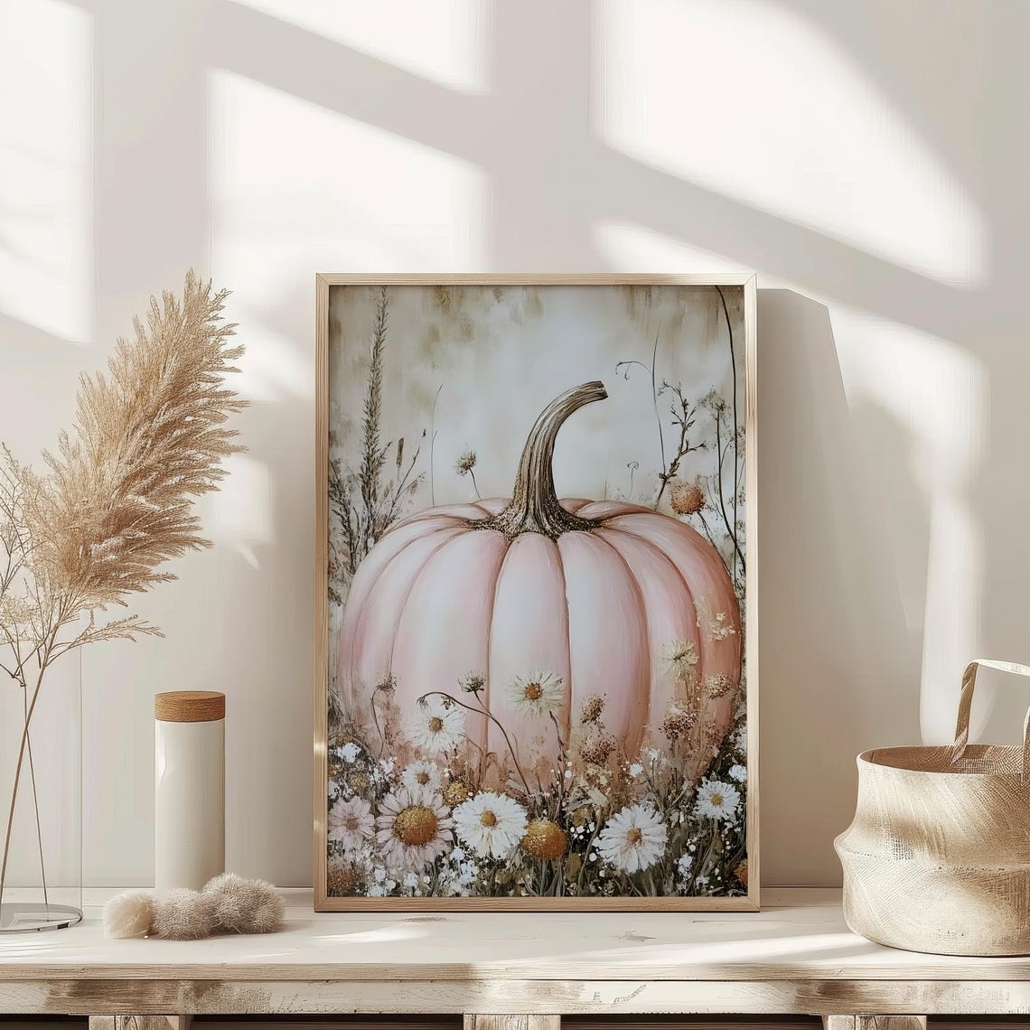 Blush Pink Pumpkin With White Daisies Soft Fall Floral Poster - Image 3