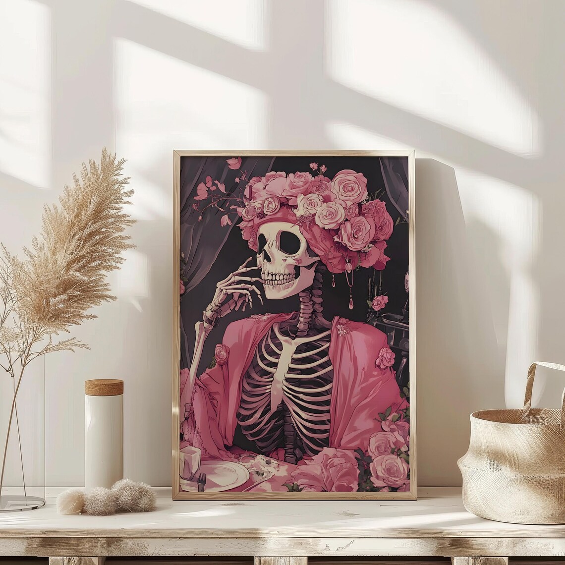 Pink Skeleton Lady Rose Crown Gothic Floral Halloween Art Poster - Image 2
