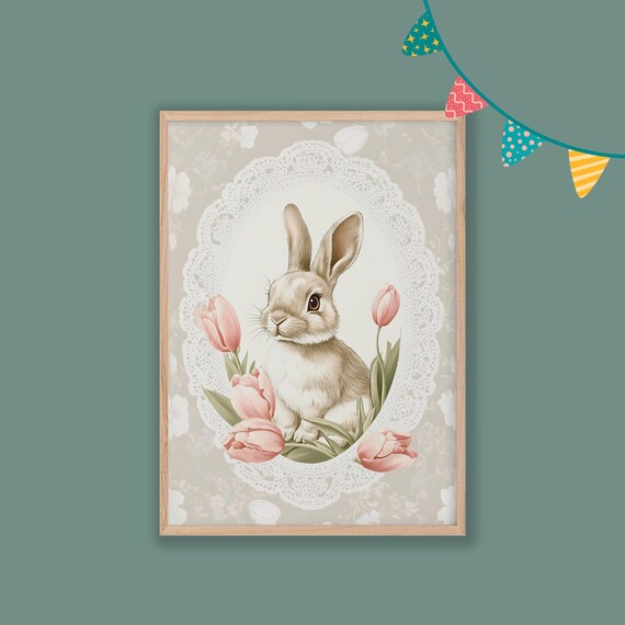Sweet Vintage Bunny Tulips Floral Lace Cameo Spring Nursery Poster