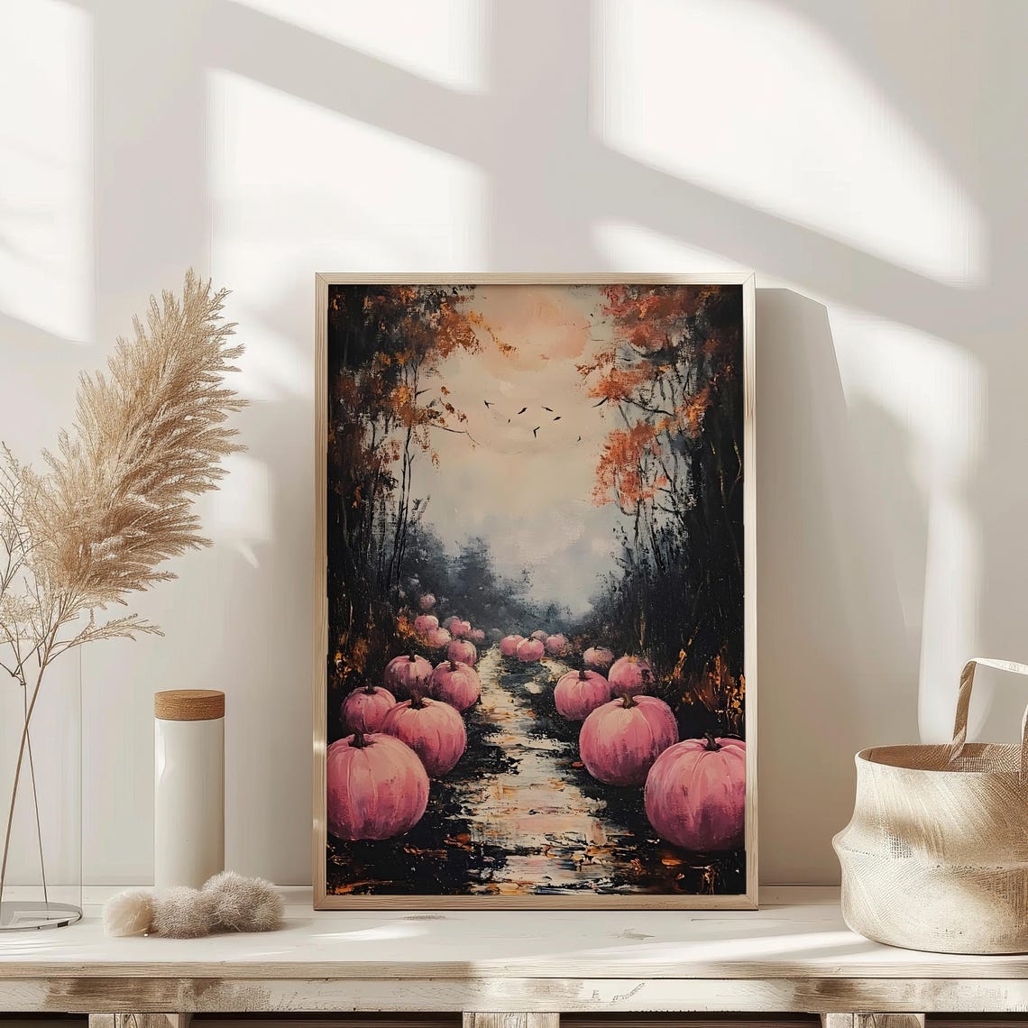 Moody Pink Pumpkin Dark Academia Autumn Forest Path Painting Poster - Image 3