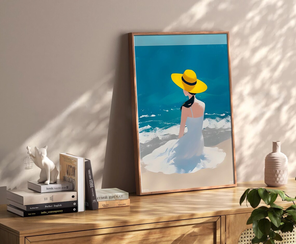 Woman In Yellow Sun Hat At Turquoise Beach Coastal Art Poster - Image 2