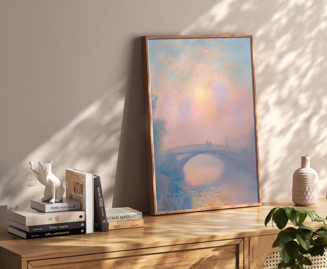 Dreamy Impressionist Bridge Over Water Sunset Pink Blue Poster - Image 2