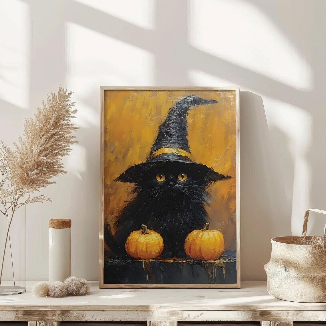 Halloween Black Cat Witch Hat Pumpkins Vintage Oil Painting Poster - Image 2