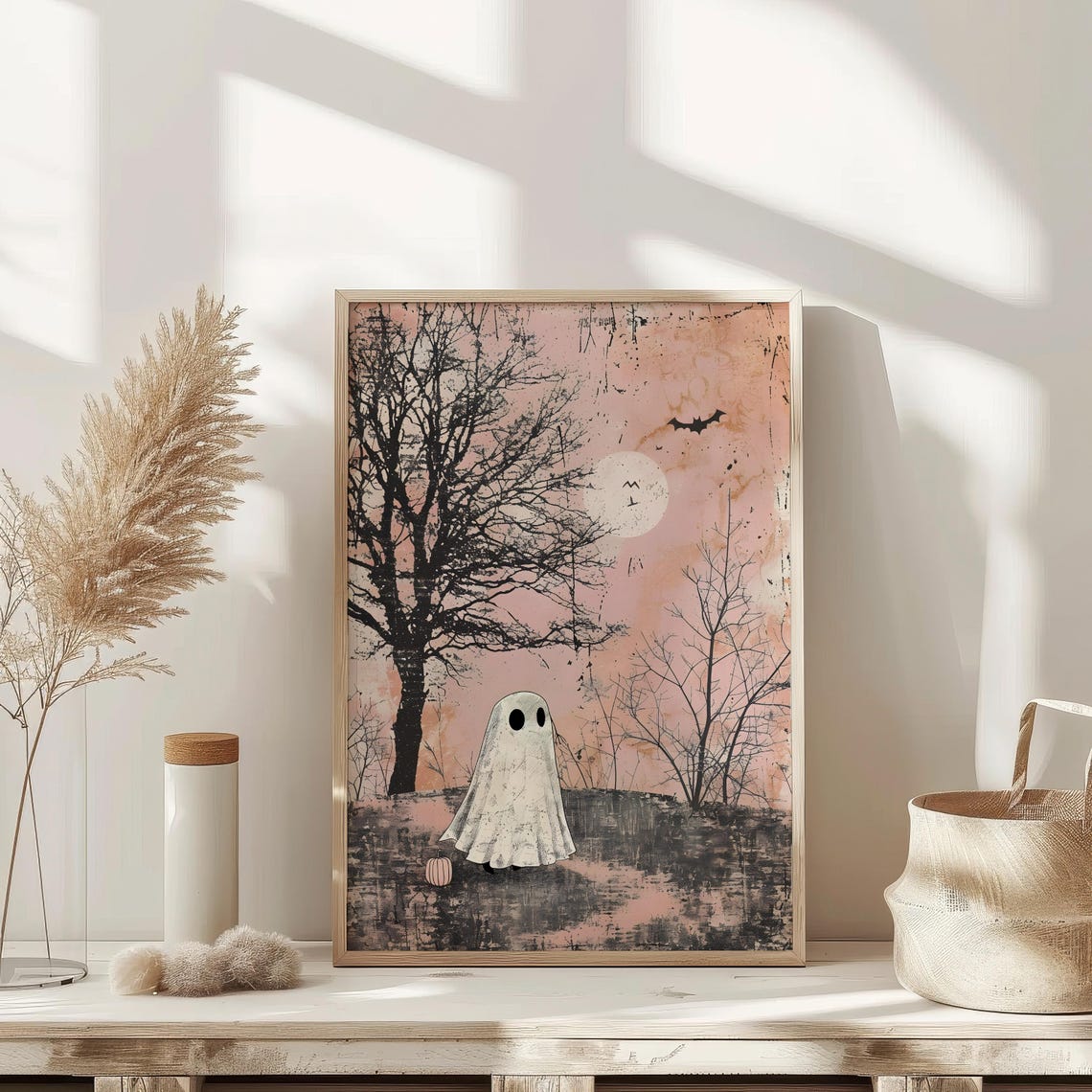 Cute Ghost Under Moon In Spooky Forest Vintage Halloween Pink Poster - Image 3