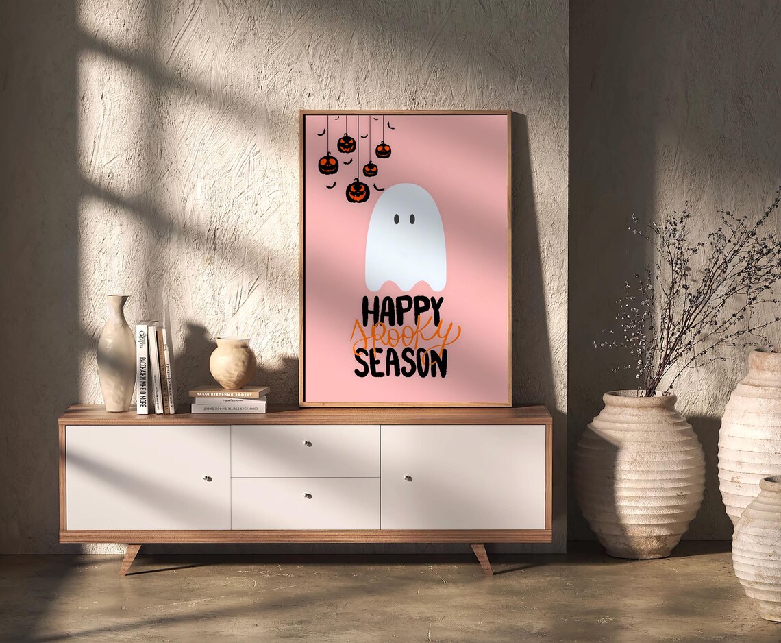Happy Spooky Season Ghost and Pumpkins Pink Halloween Art Poster - Image 3