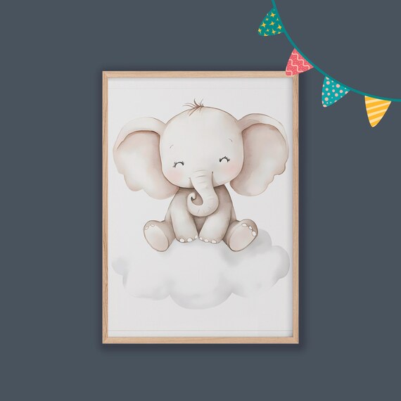Sweet Baby Elephant Cloud Watercolor Nursery Kids Art Poster