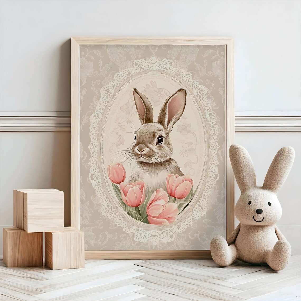 Vintage Bunny Portrait Pink Tulips Lace Oval Frame Shabby Chic Art Poster - Image 2