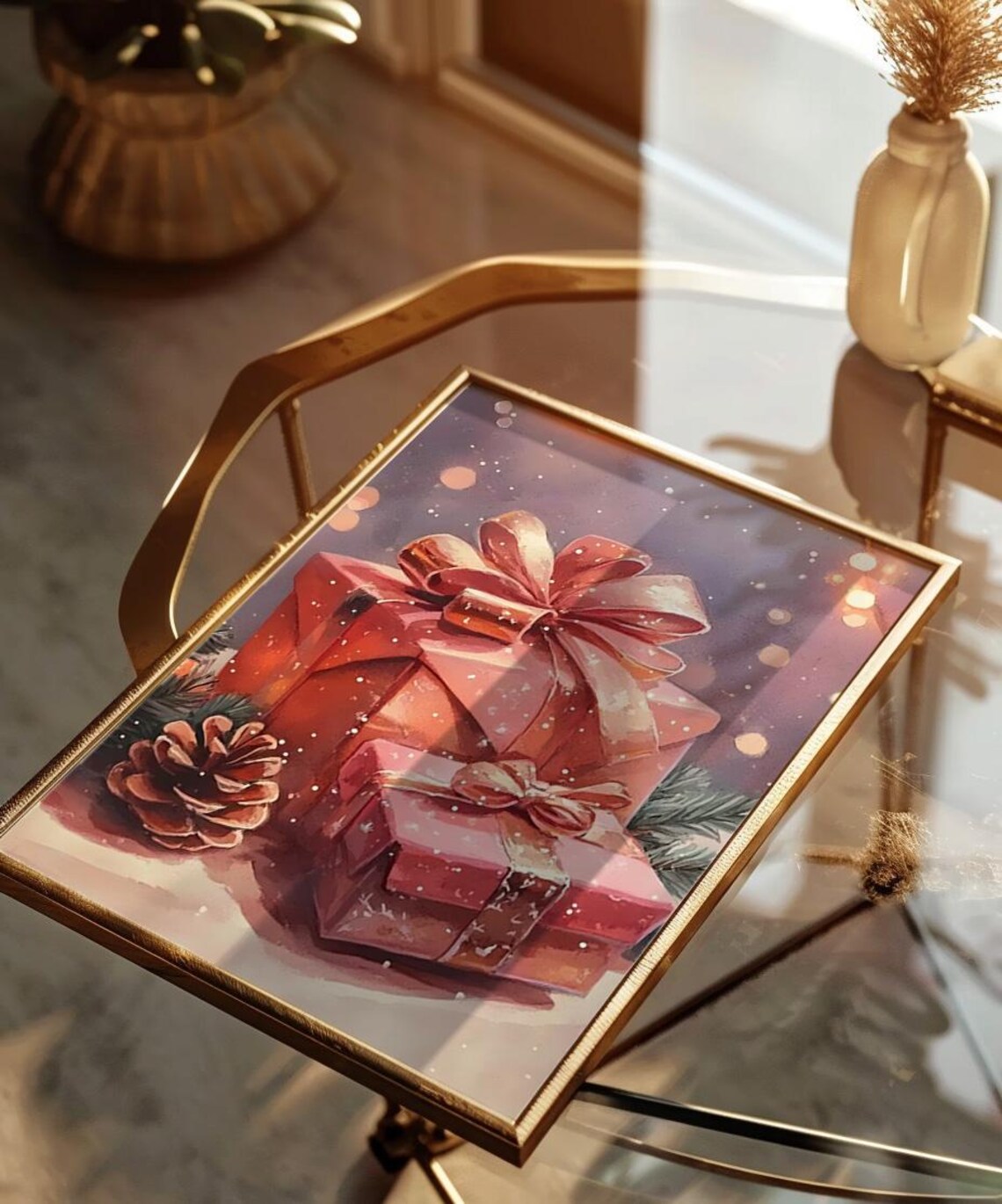 Red Christmas Gift Boxes With Bows Watercolor Holiday Poster - Image 2