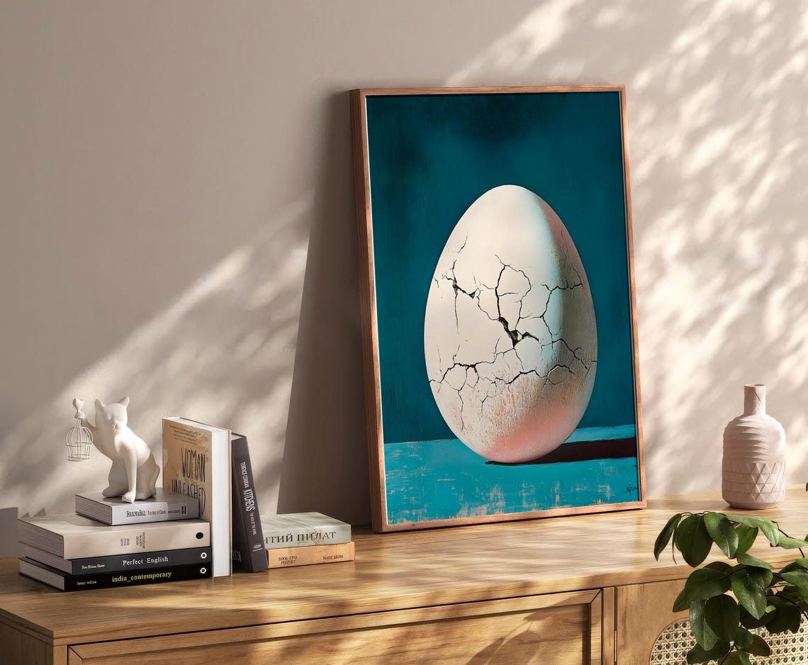 Cracked Egg Still Life Teal Background Surreal Minimalist Poster - Image 2