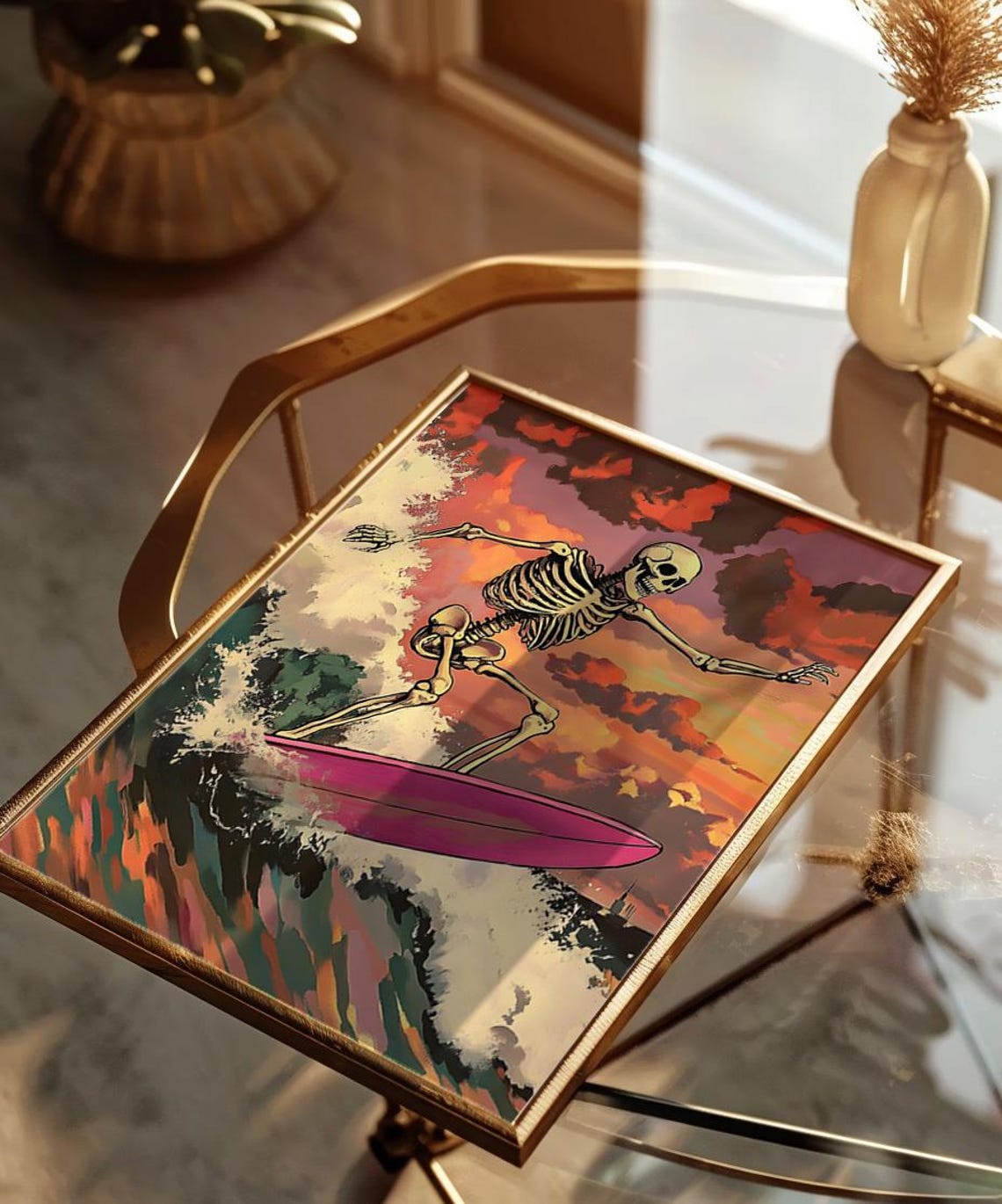Skeleton Surfing Pink Surfboard Sunset Wave Summer Art Poster - Image 3