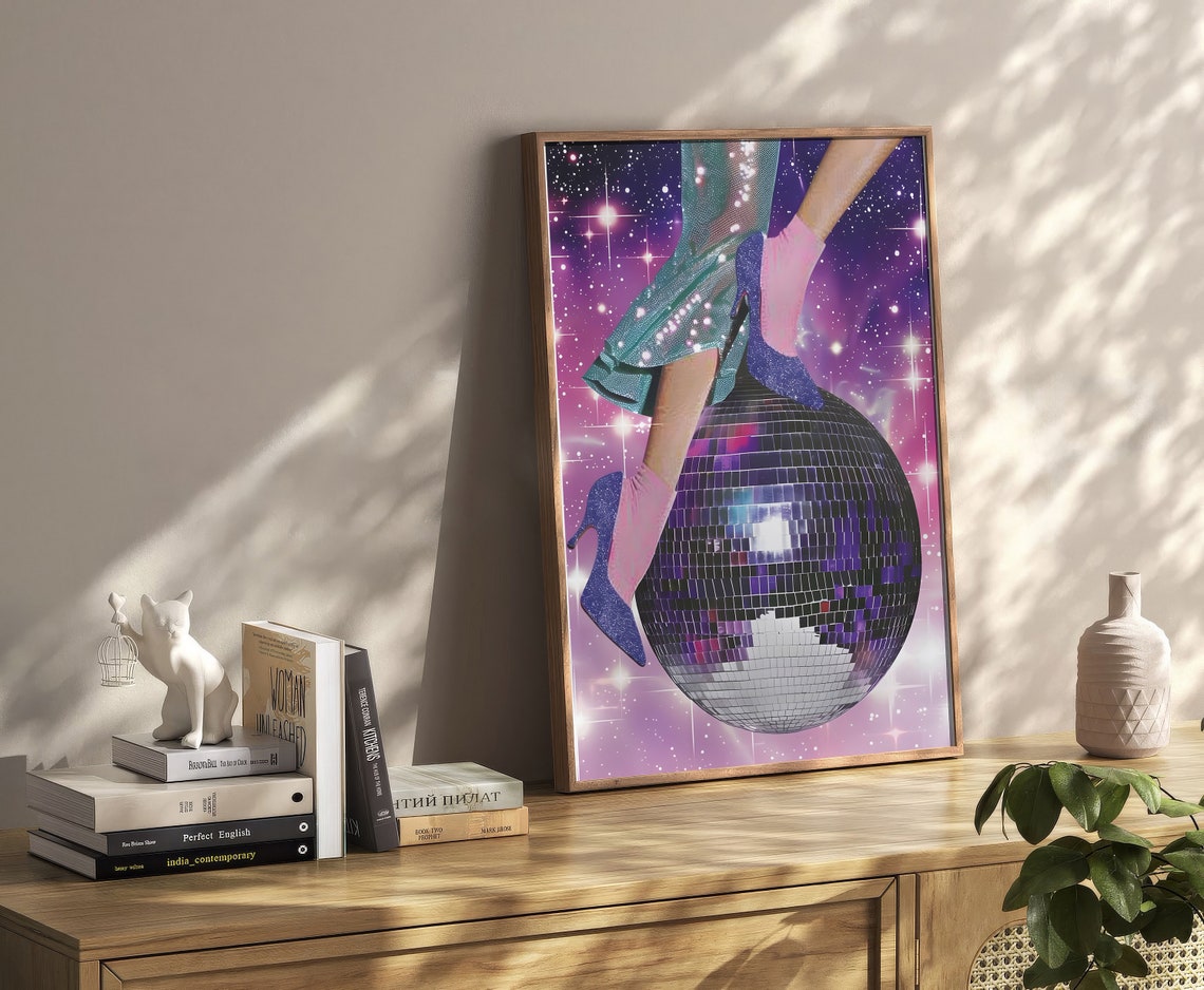 Disco Ball Heels Sparkling Pink Starry Pop Art Party Statement Poster - Image 2