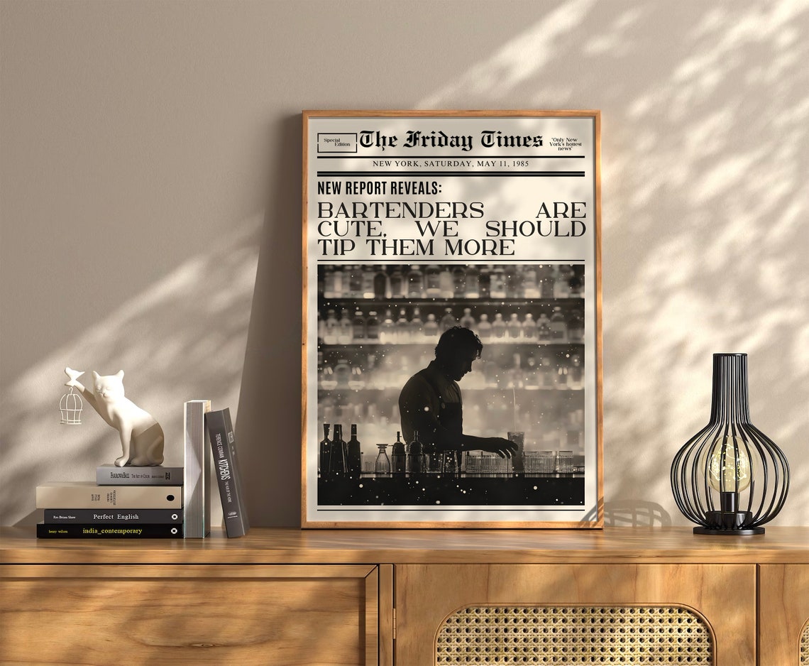 Funny Bartenders Are Cute Newspaper Bar Staff Humor Wall Art - Image 2