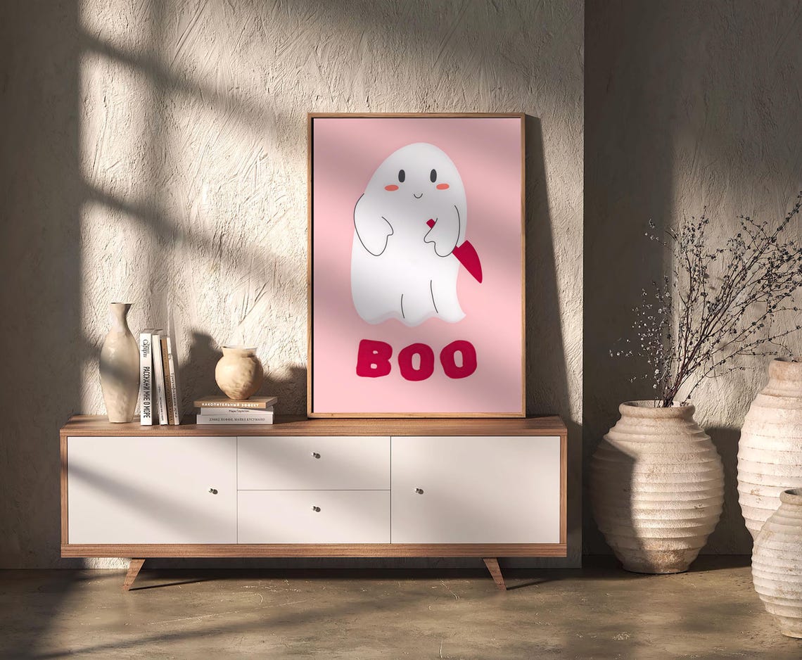 Cute Blushing Ghost Holding Red Knife Funny Boo Halloween Poster - Image 2