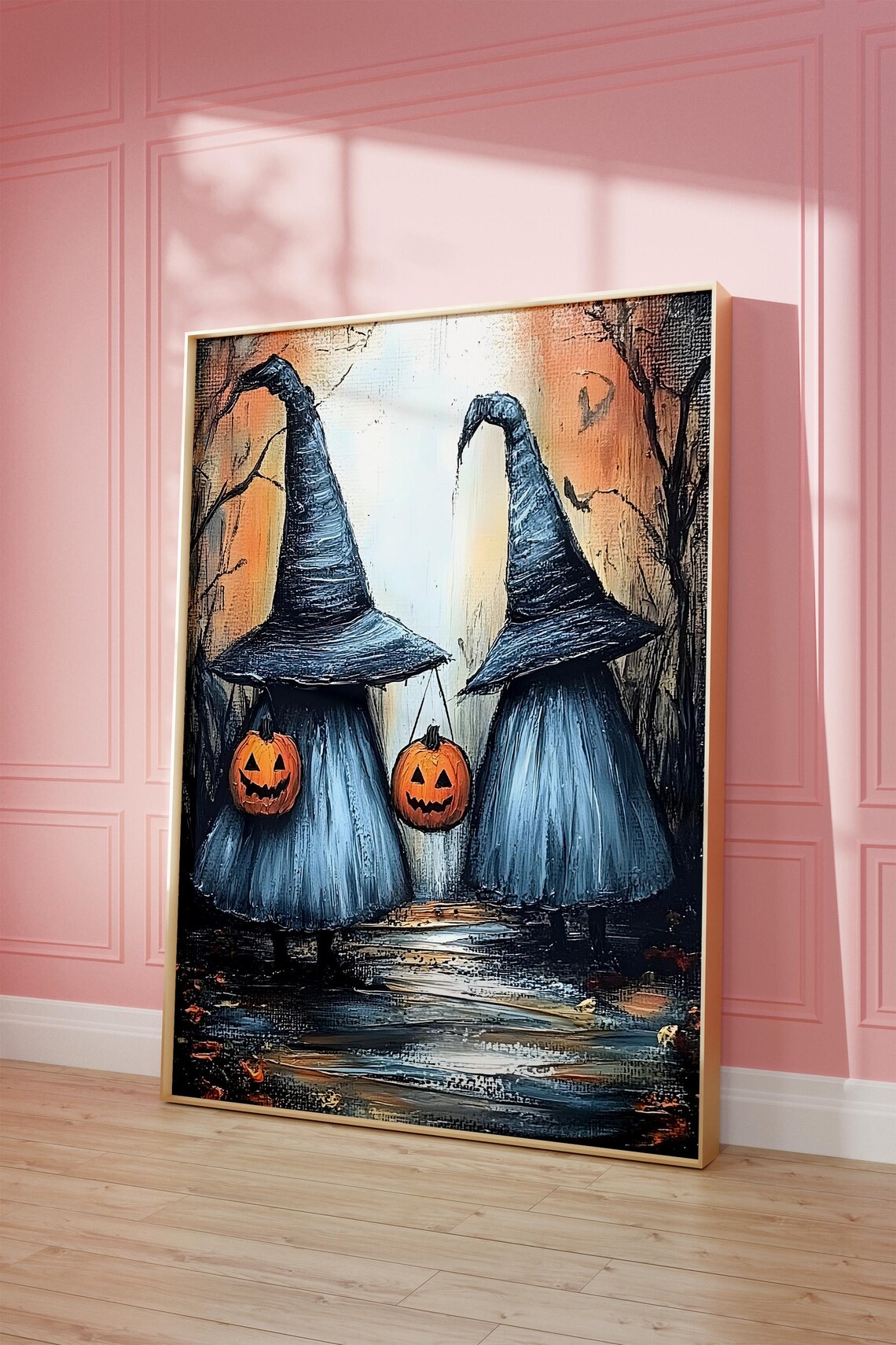 Two Little Witches Pumpkin Buckets Autumn Woods Painting Poster - Image 4