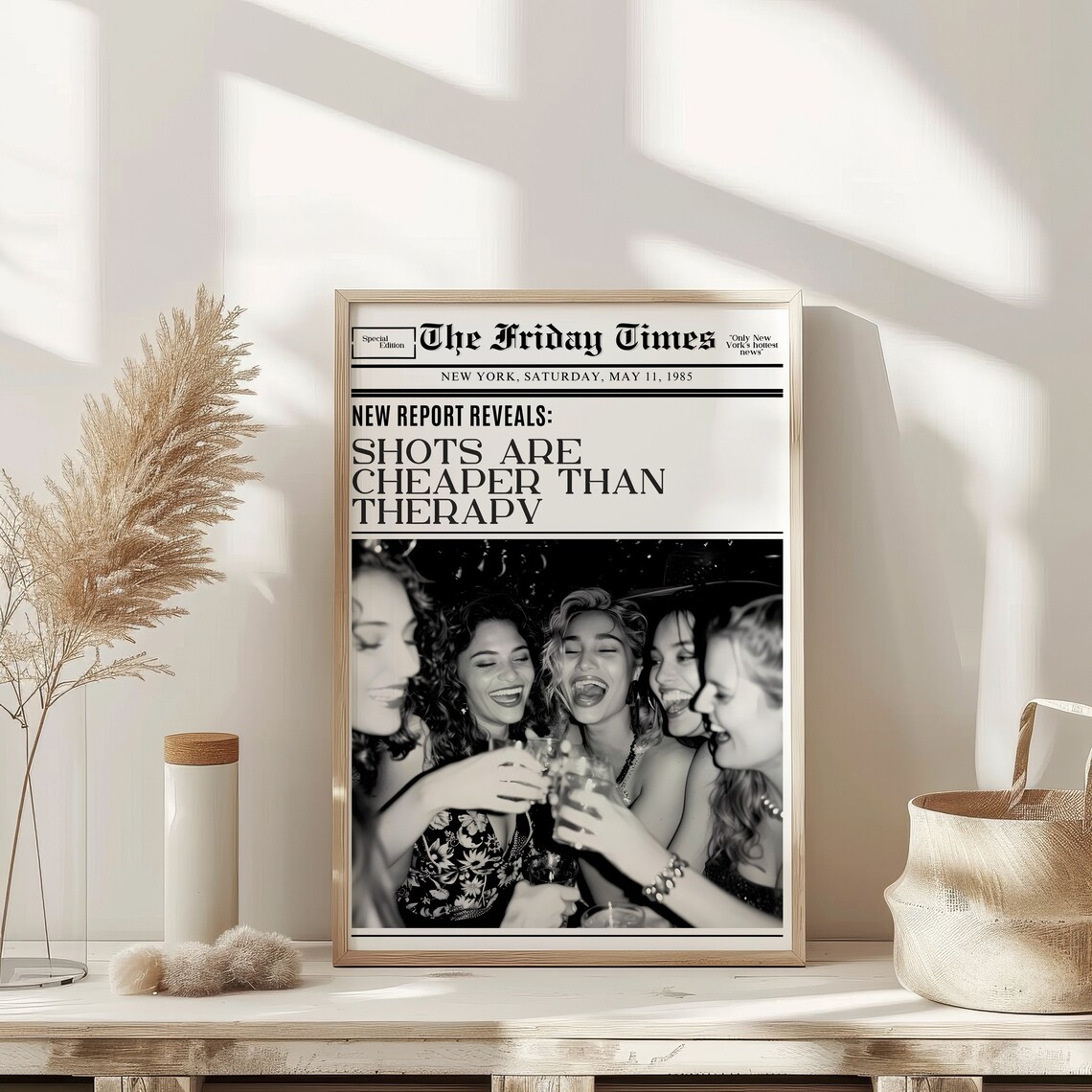 Shots Are Cheaper Than Therapy Funny Newspaper Style Quote Poster - Image 3