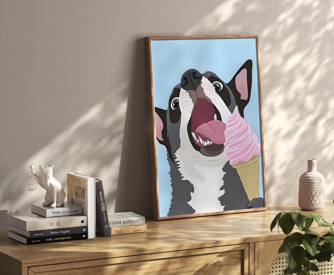 Happy Boston Terrier Licking Pink Ice Cream Pop Art Dog Poster