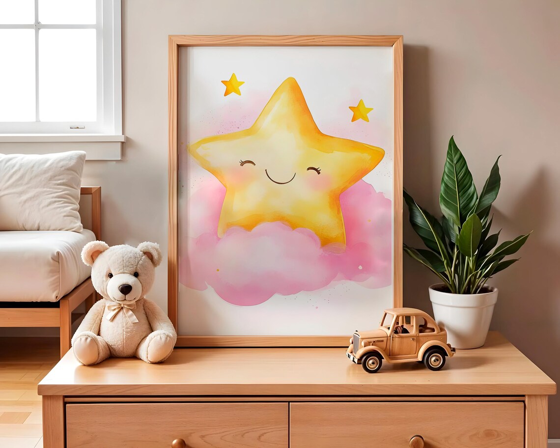 Cute Smiling Yellow Star Pink Cloud Watercolor Nursery Art Poster - Image 2