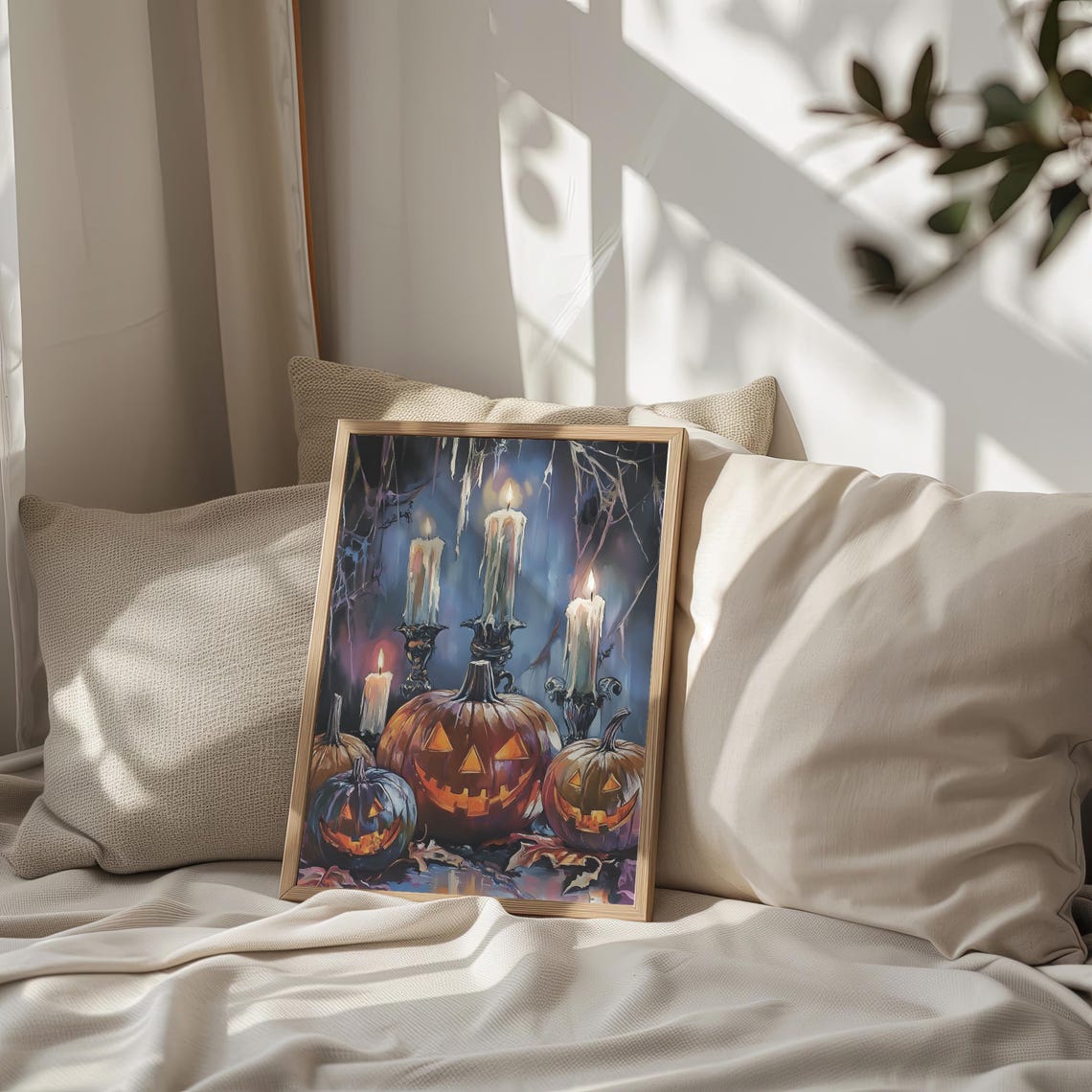 Jack O Lanterns Dripping Candles Moonlit Spooky Painting Poster - Image 2