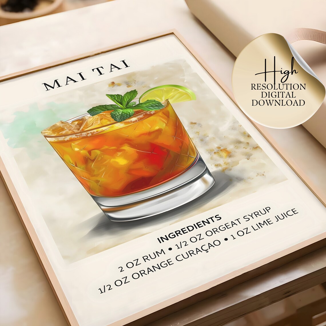 Mai Tai Watercolor Cocktail Recipe Retro Bar Art Print Kitchen Decor - Image 2