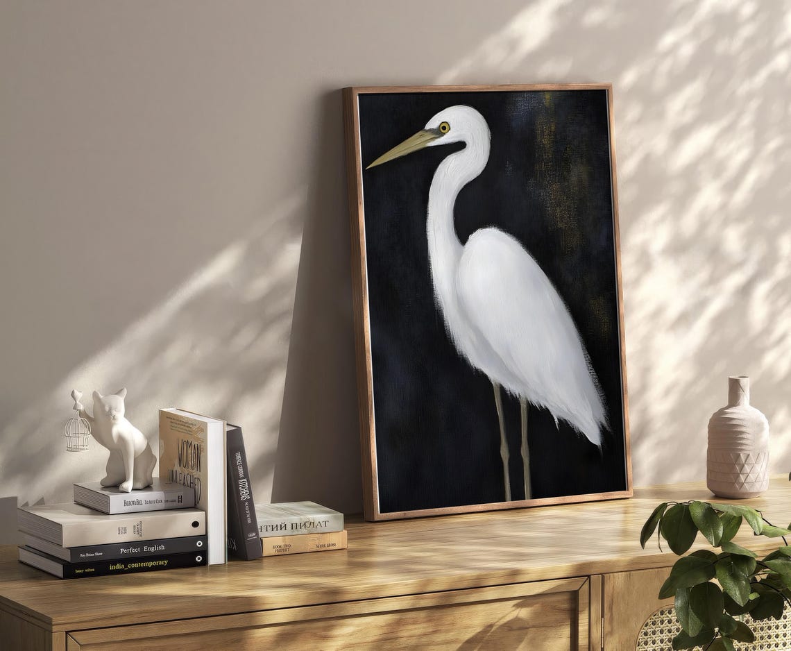 White Egret Heron on Black Background Oil Painting Bird Poster - Image 2
