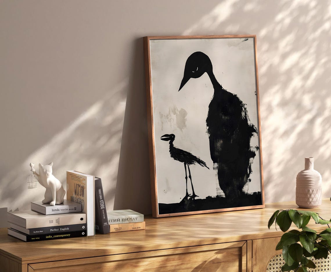 Black Ink Birds Abstract Two Crows Minimalist Ink Wash Poster - Image 2