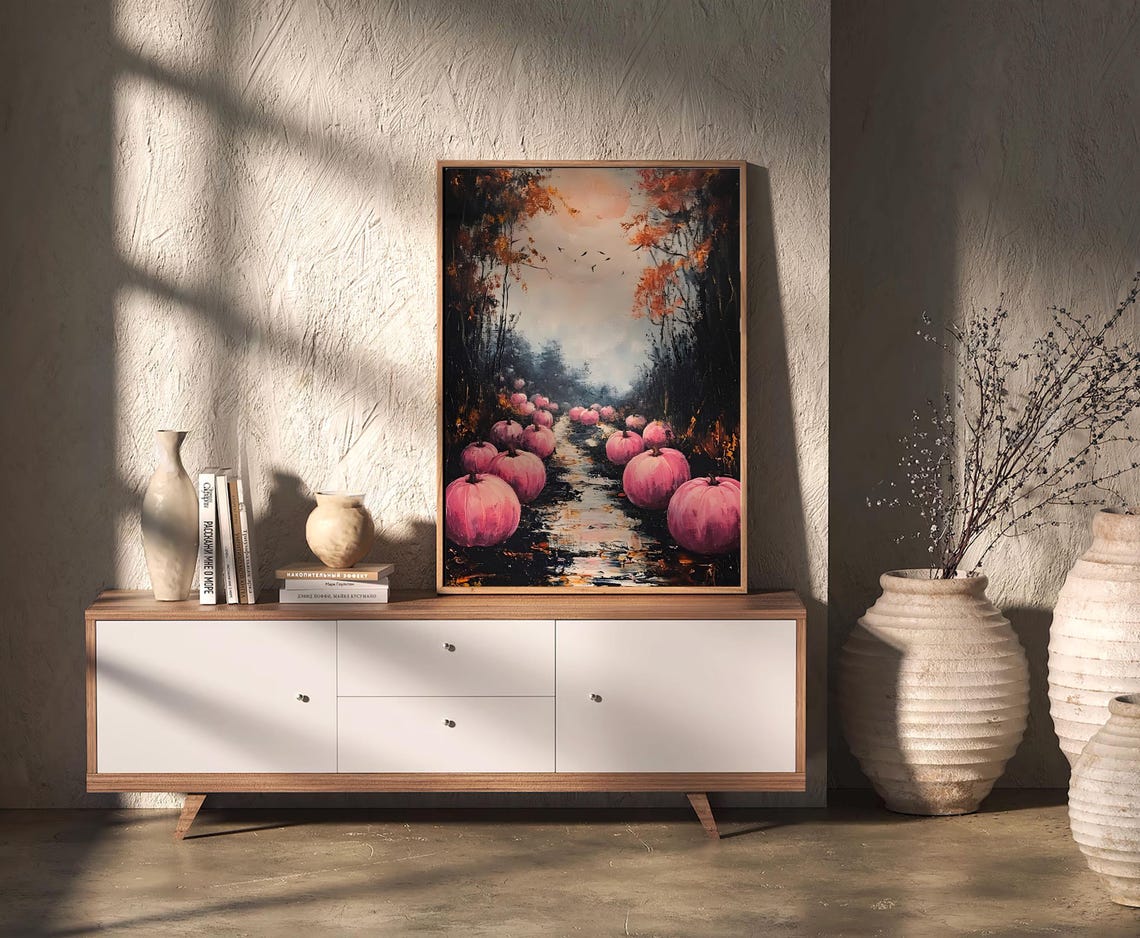 Moody Pink Pumpkin Dark Academia Autumn Forest Path Painting Poster - Image 2