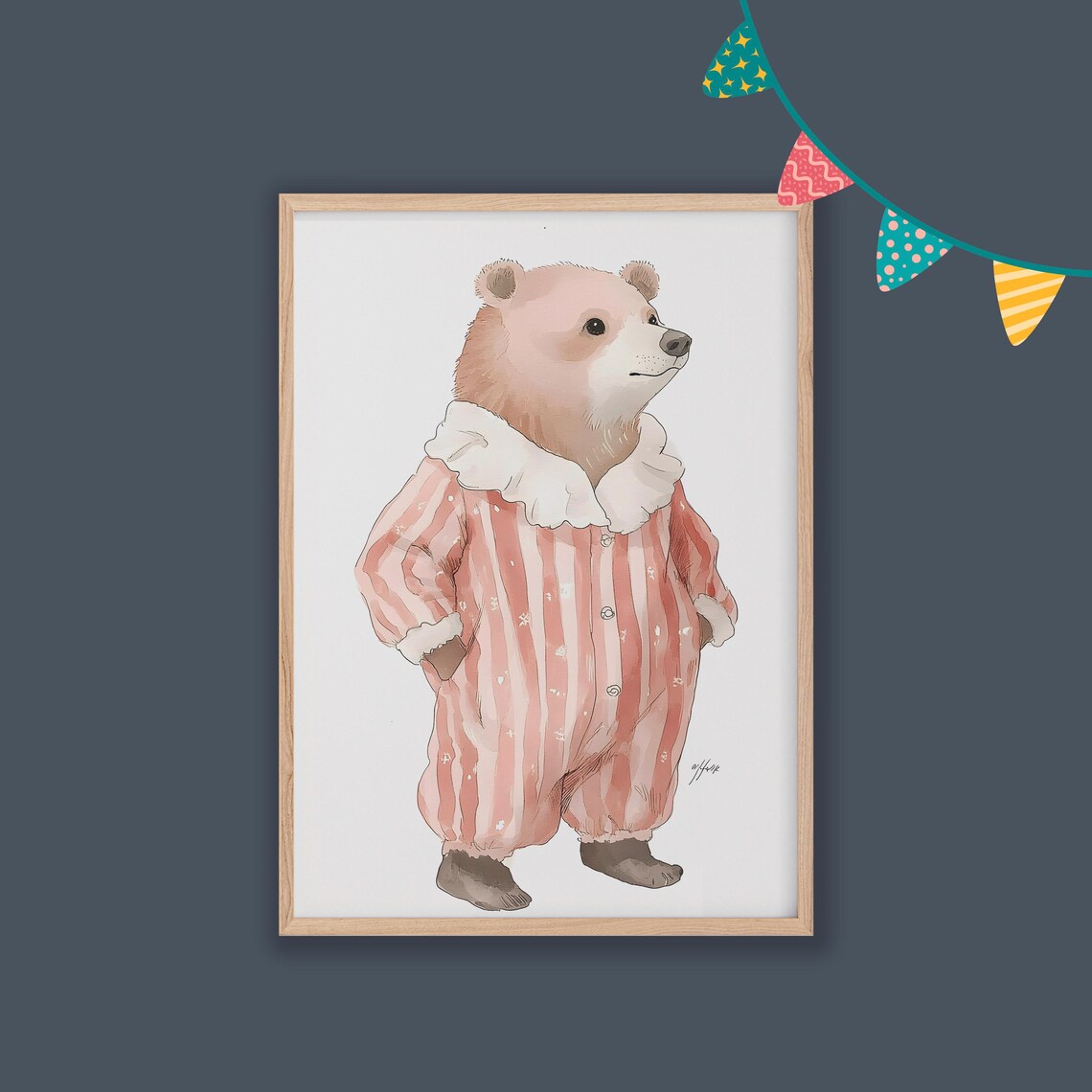 Watercolor Bear in Pink Striped Pajamas Cute Nursery Bedtime Art Poster - Image 2