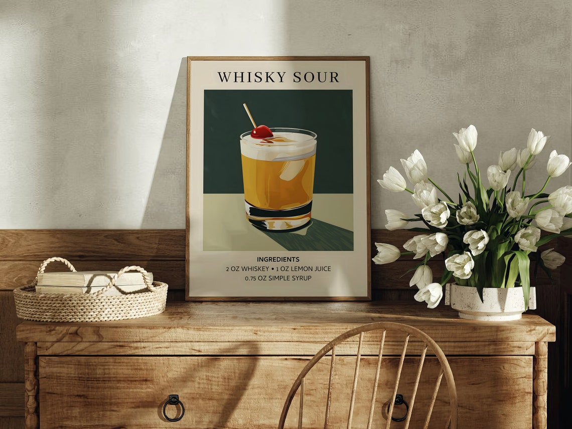 Whisky Sour Retro Cocktail Recipe Ingredients Home Bar Art Poster
