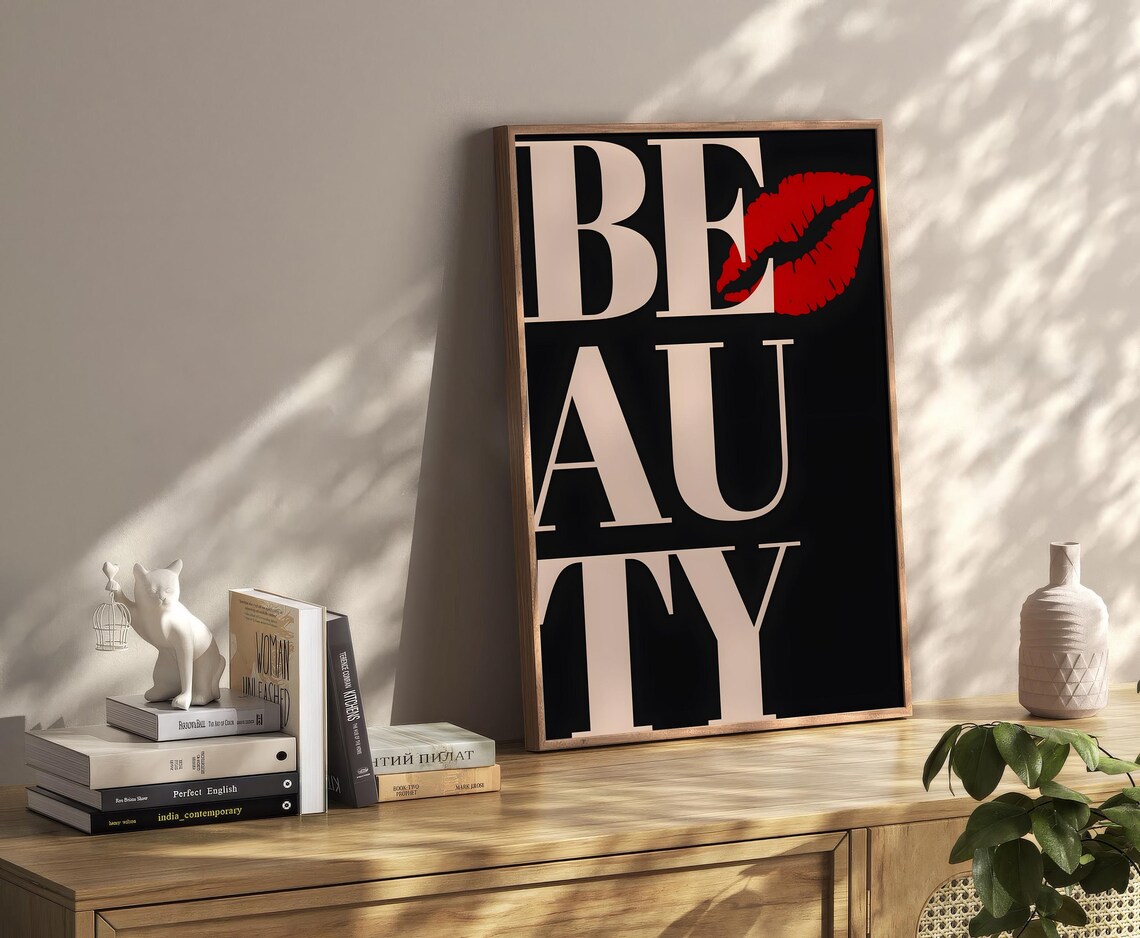 Beauty Red Lipstick Kiss Bold Typography Glam Fashion Vanity Wall Art - Image 2