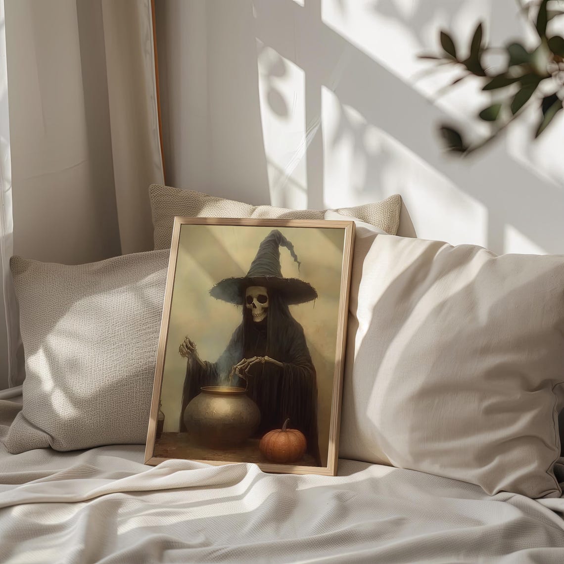Skeleton Witch Brewing Potion Cauldron Dark Halloween Art Poster - Image 2
