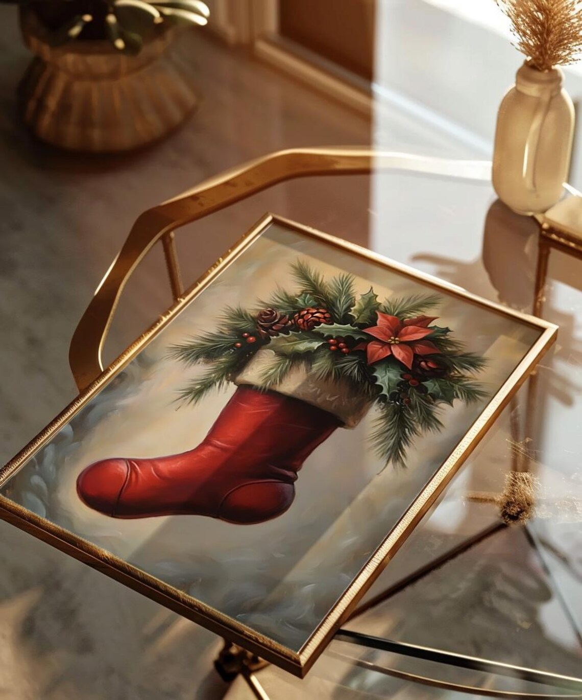 Red Christmas Stocking With Holly Vintage Oil Painting Poster - Image 2