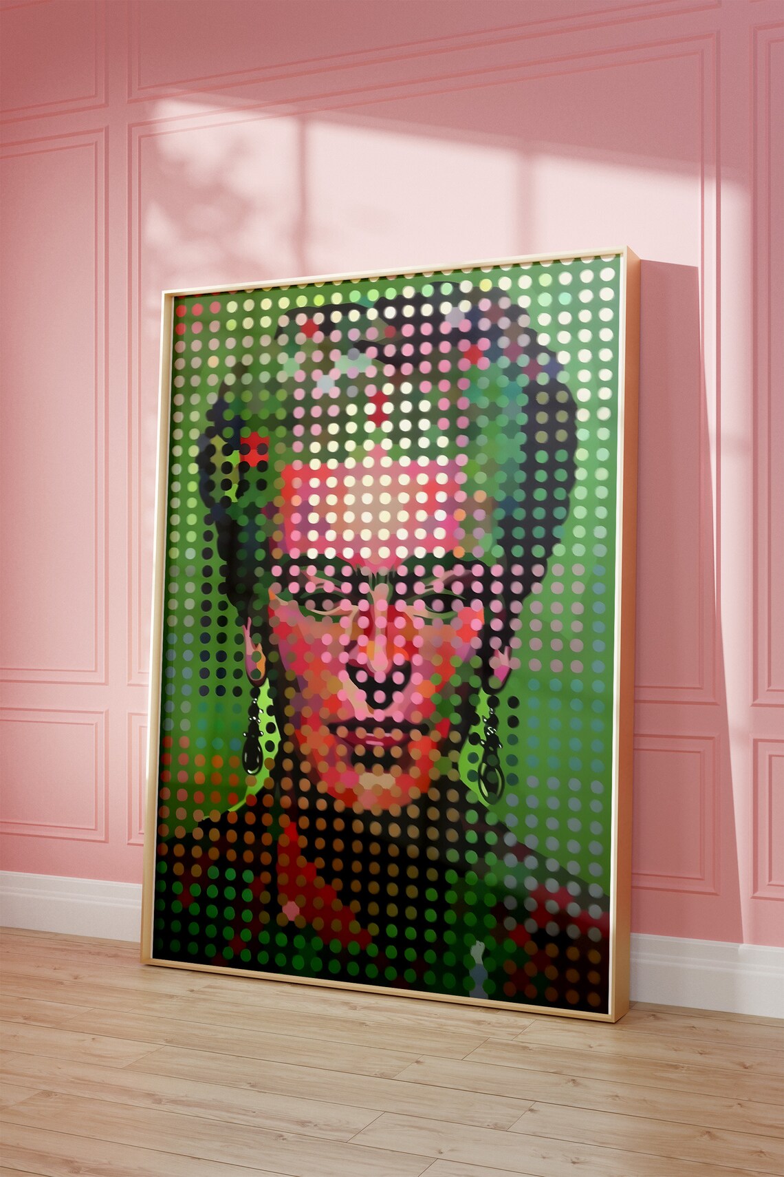 Vibrant Frida Kahlo Dotted Pop Art Portrait Green Decor Poster - Image 2