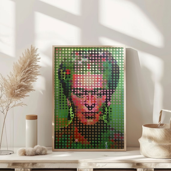 Vibrant Frida Kahlo Dotted Pop Art Portrait Green Decor Poster