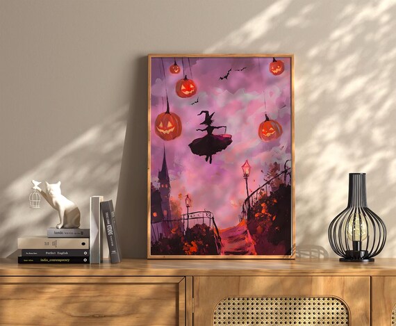 Flying Witch Purple Night Sky Hanging Pumpkins Halloween Poster