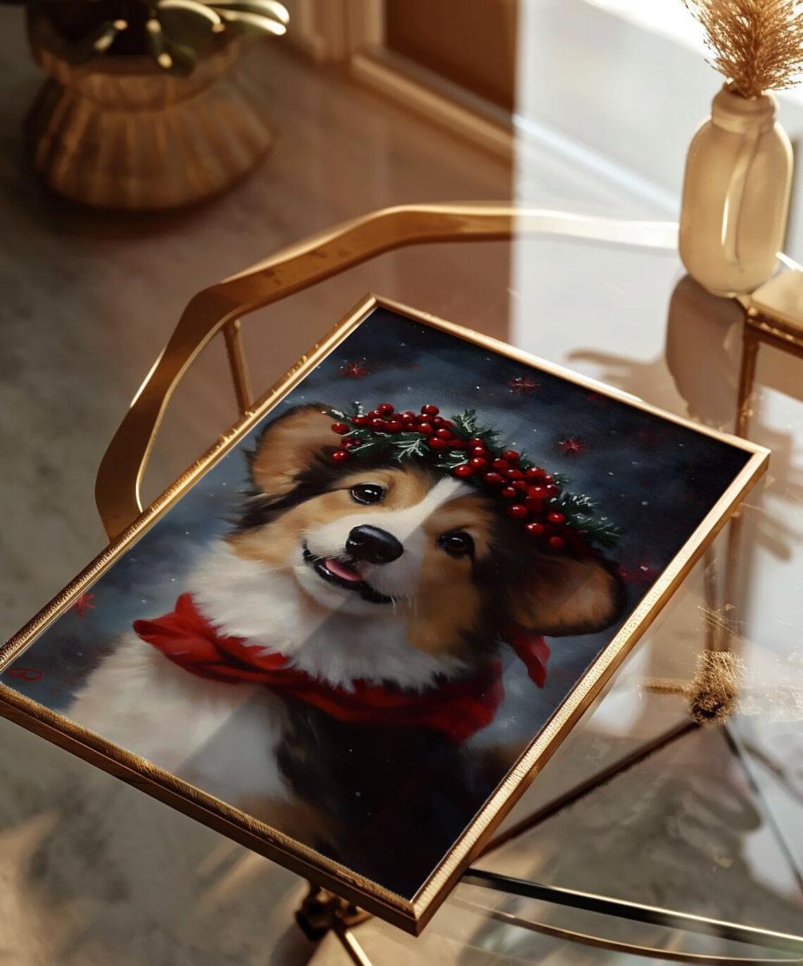 Christmas Corgi Puppy Wearing Berry Wreath Red Scarf Dog Poster - Image 2