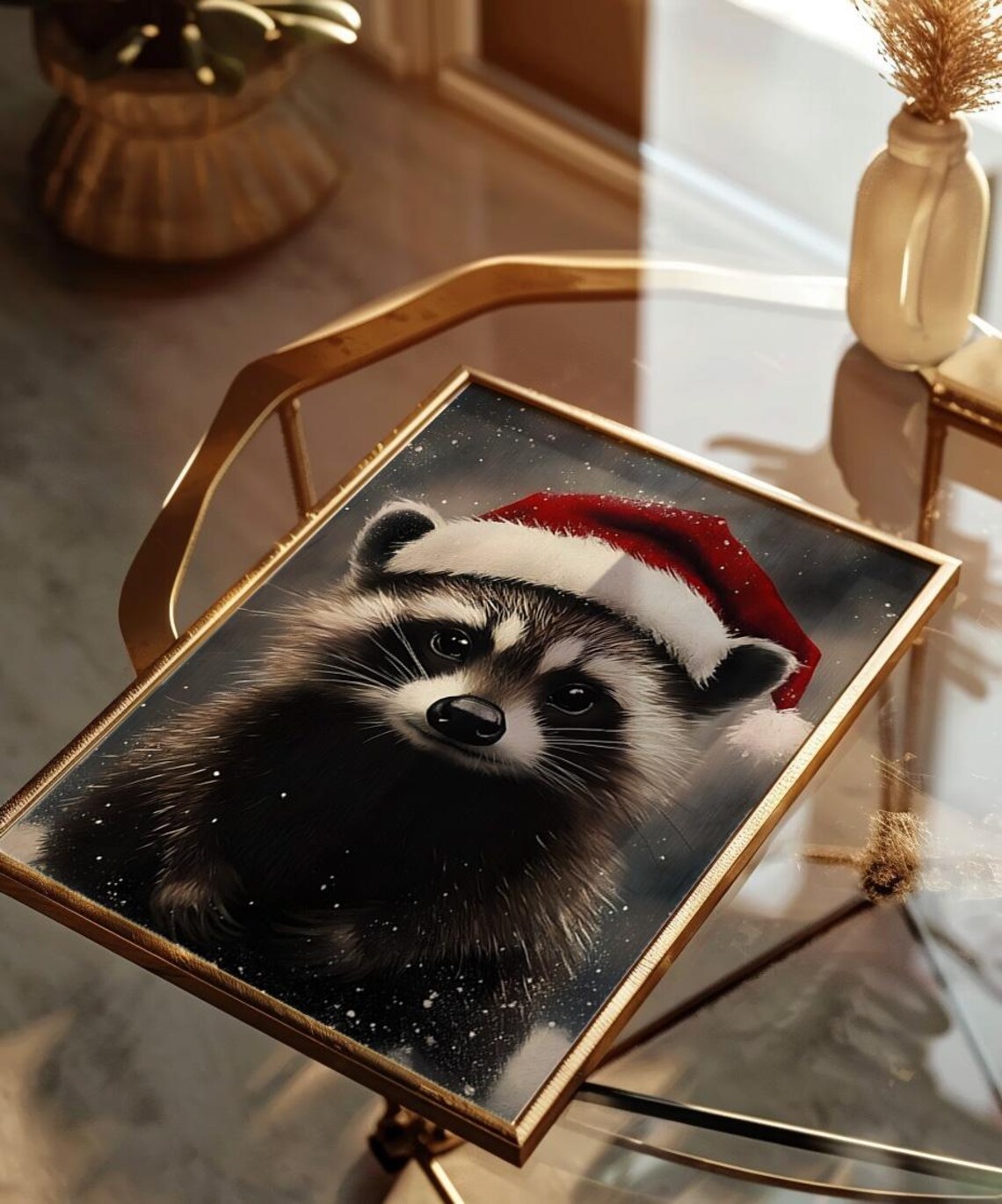 Adorable Raccoon in Santa Hat in the Snow Wildlife Art Poster - Image 2