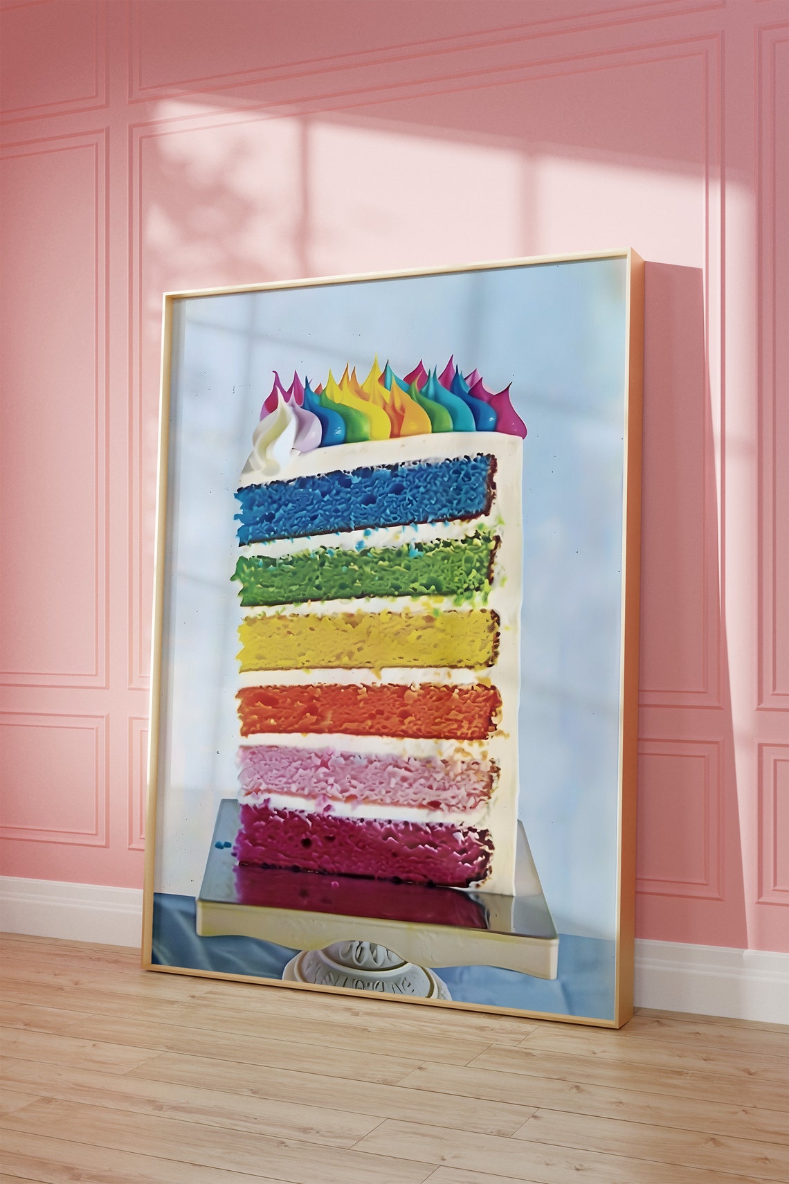 Rainbow Layer Birthday Cake Slice Vibrant Photography Poster - Image 2