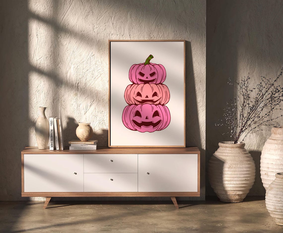 Pink Stacked Jack O Lanterns Smiling Pumpkin Halloween Poster - Image 2