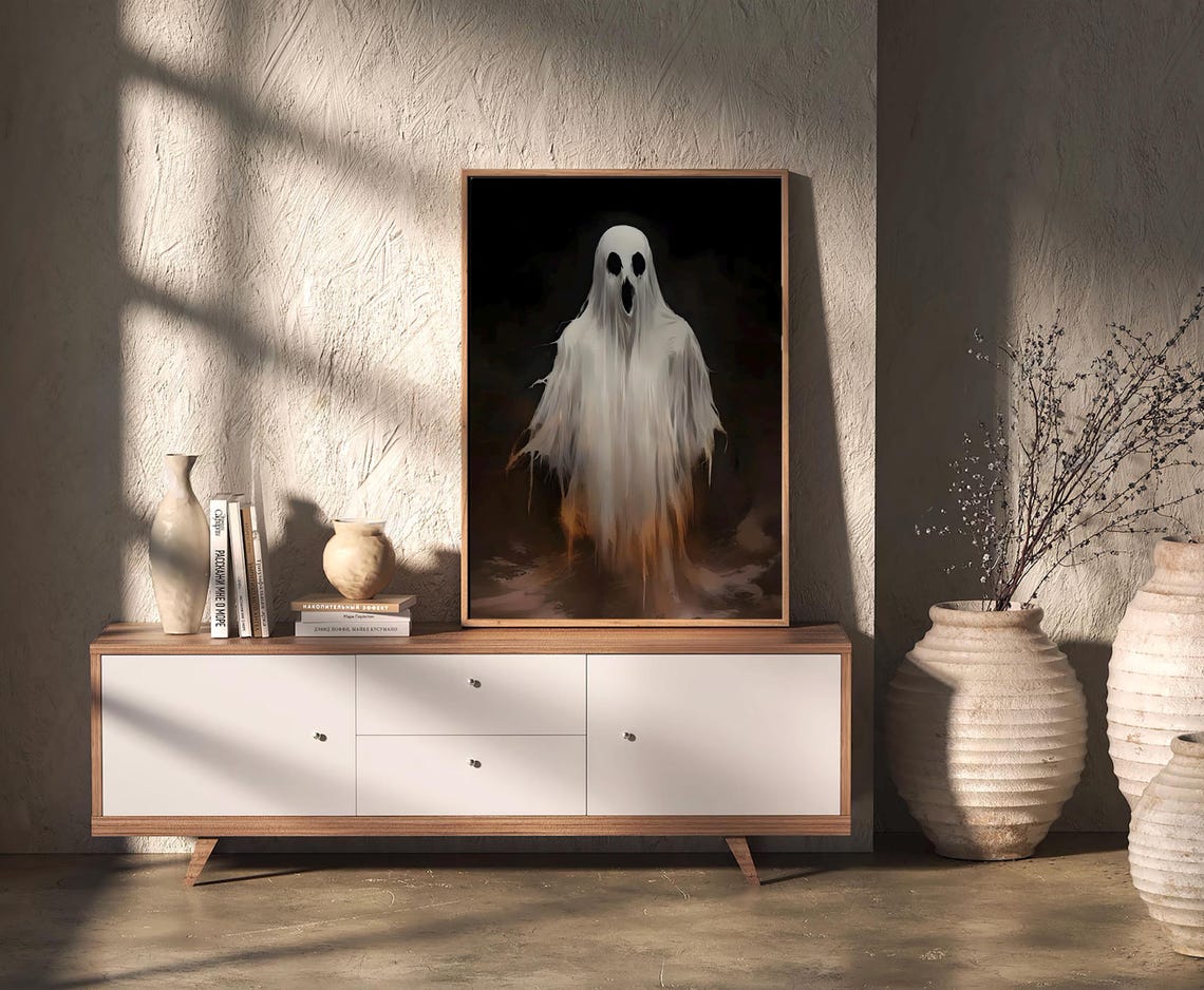 White Ghost Emerging From Darkness Spooky Vintage Halloween Poster - Image 3