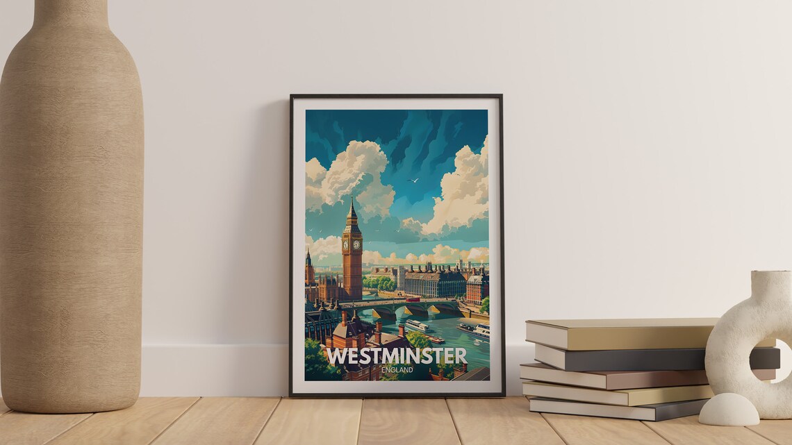 London Westminster Big Ben Parliament Riverside Vintage Travel Poster - Image 2