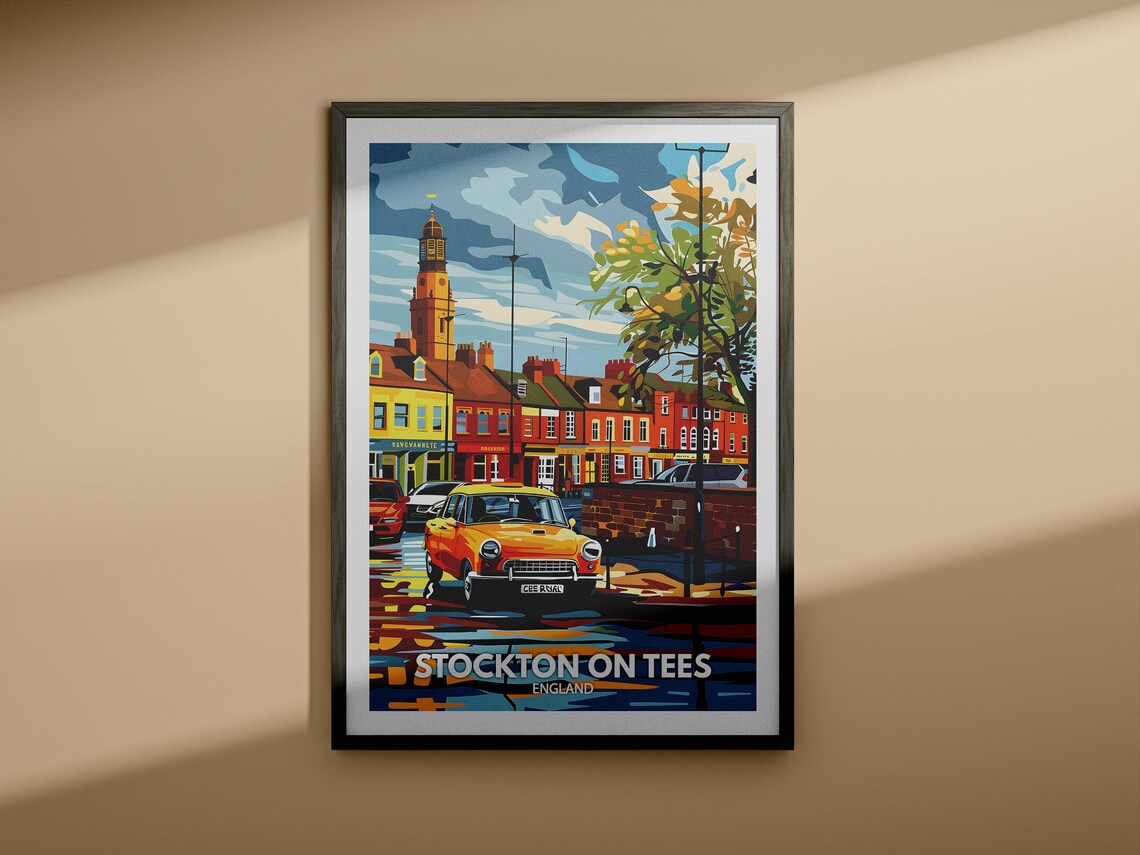 Stockton On Tees England Classic Car Town Centre Vintage Travel Poster - Image 4