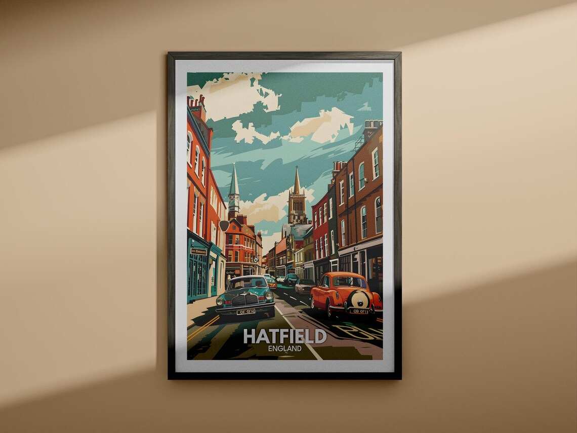 Hatfield England Historic High Street Classic Cars Travel Poster - Image 4