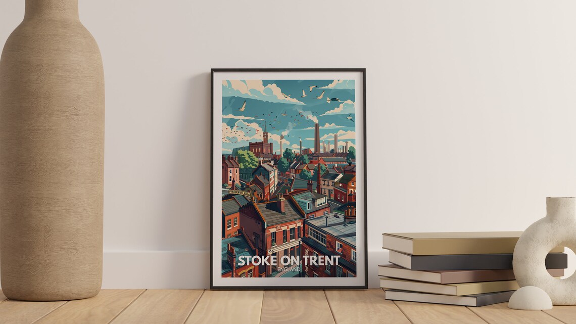 Stoke on Trent England Travel Poster Potteries Skyline Vintage Art - Image 3