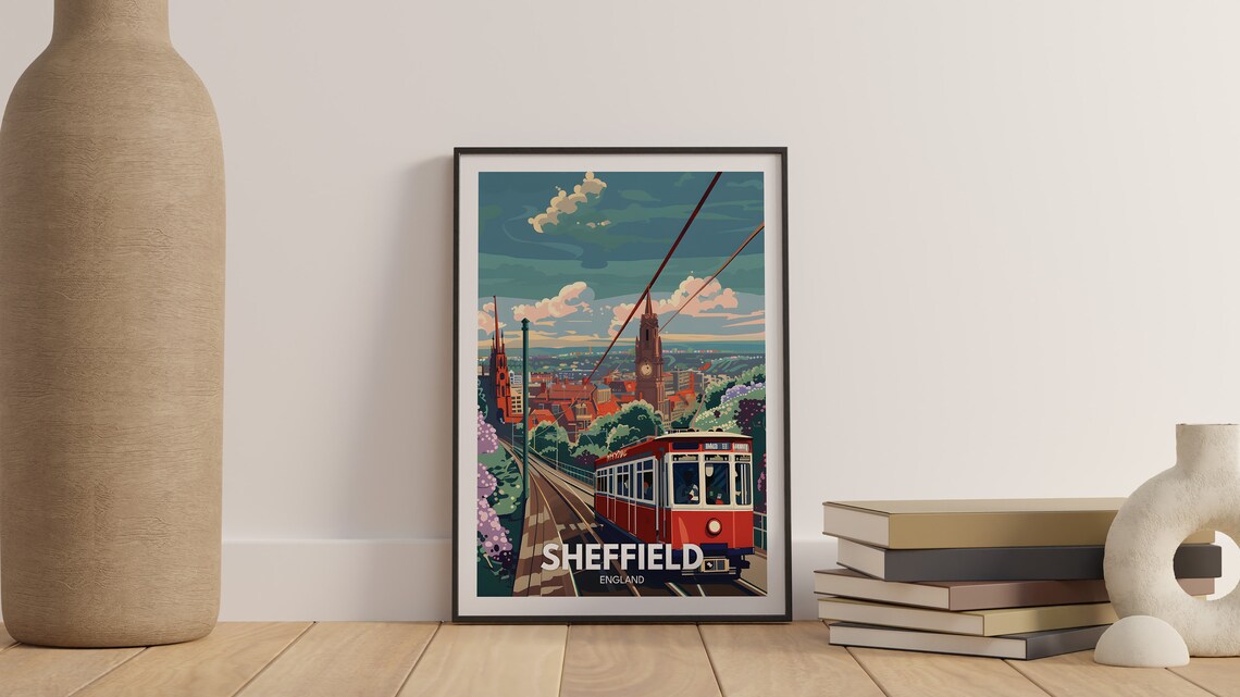 Sheffield England Travel Poster Red Tram Clock Tower City Scene - Image 2